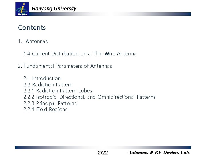 Hanyang University Contents 1. Antennas 1. 4 Current Distribution on a Thin Wire Antenna