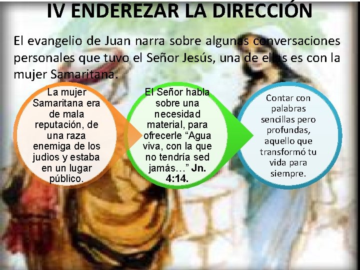 IV ENDEREZAR LA DIRECCIÓN El evangelio de Juan narra sobre algunas conversaciones personales que