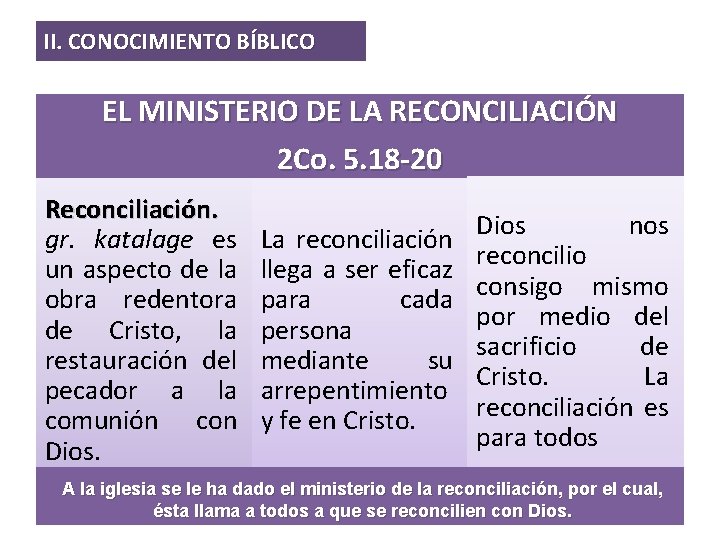 II. CONOCIMIENTO BÍBLICO EL MINISTERIO DE LA RECONCILIACIÓN 2 Co. 5. 18 -20 Reconciliación.