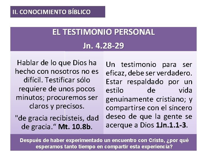II. CONOCIMIENTO BÍBLICO EL TESTIMONIO PERSONAL Jn. 4. 28 -29 Hablar de lo que