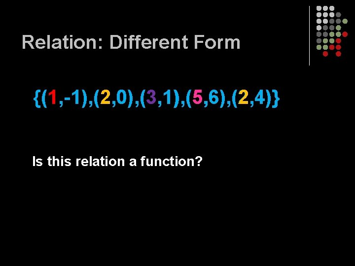 Relation: Different Form {(1, -1), (2, 0), (3, 1), (5, 6), (2, 4)} Is