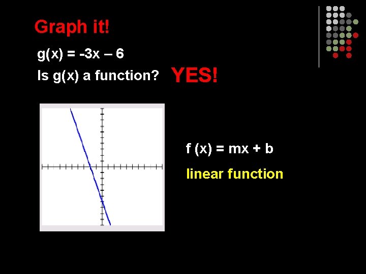 Graph it! g(x) = -3 x – 6 Is g(x) a function? YES! f