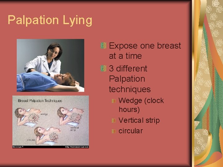 Palpation Lying Expose one breast at a time 3 different Palpation techniques Wedge (clock