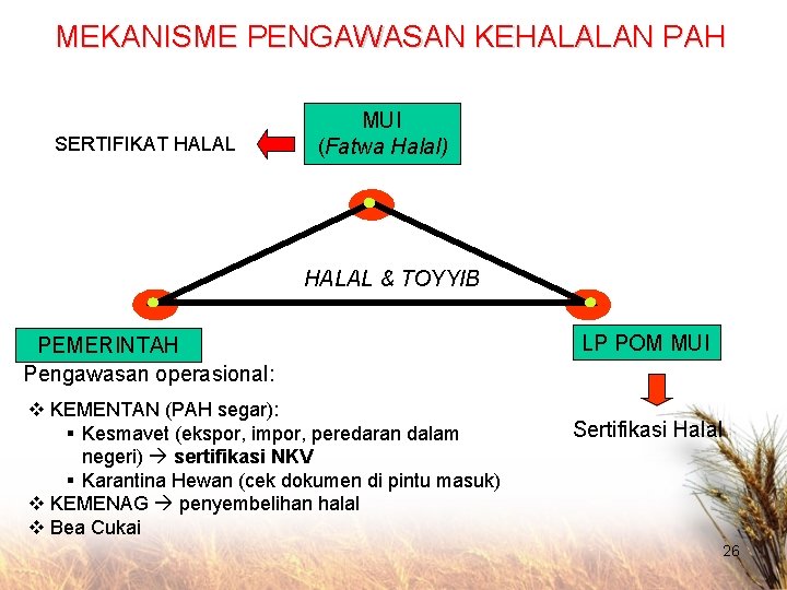 MEKANISME PENGAWASAN KEHALALAN PAH SERTIFIKAT HALAL MUI (Fatwa Halal) HALAL & TOYYIB PEMERINTAH Pengawasan