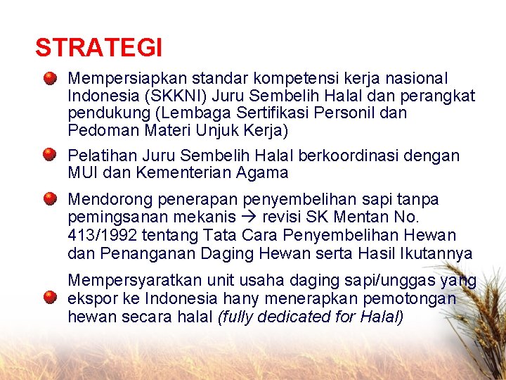 STRATEGI Mempersiapkan standar kompetensi kerja nasional Indonesia (SKKNI) Juru Sembelih Halal dan perangkat pendukung