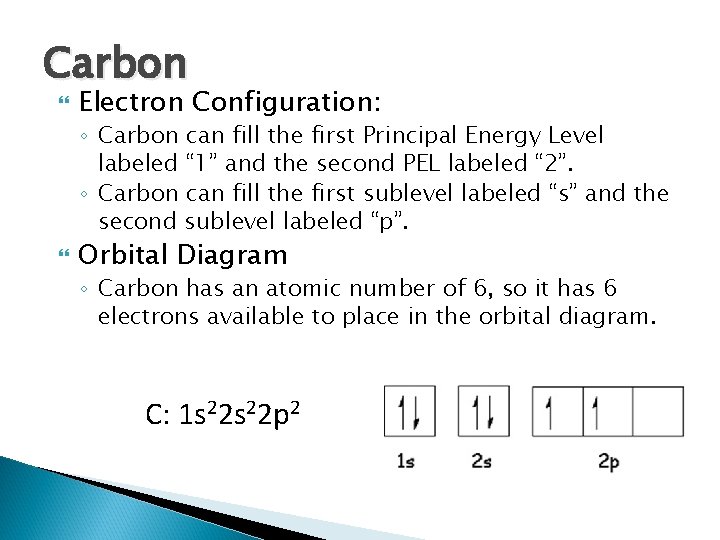 Carbon Electron Configuration: ◦ Carbon can fill the first Principal Energy Level labeled “
