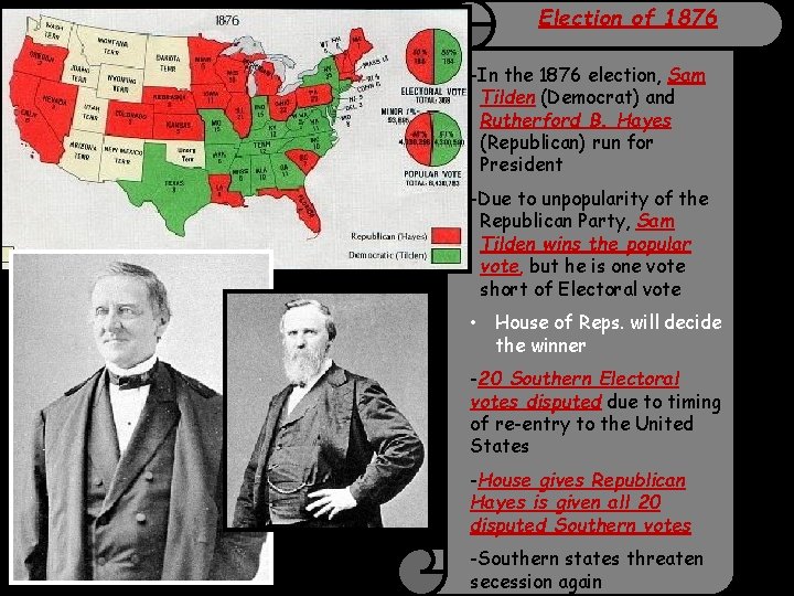 Election of 1876 -In the 1876 election, Sam Tilden (Democrat) and Rutherford B. Hayes