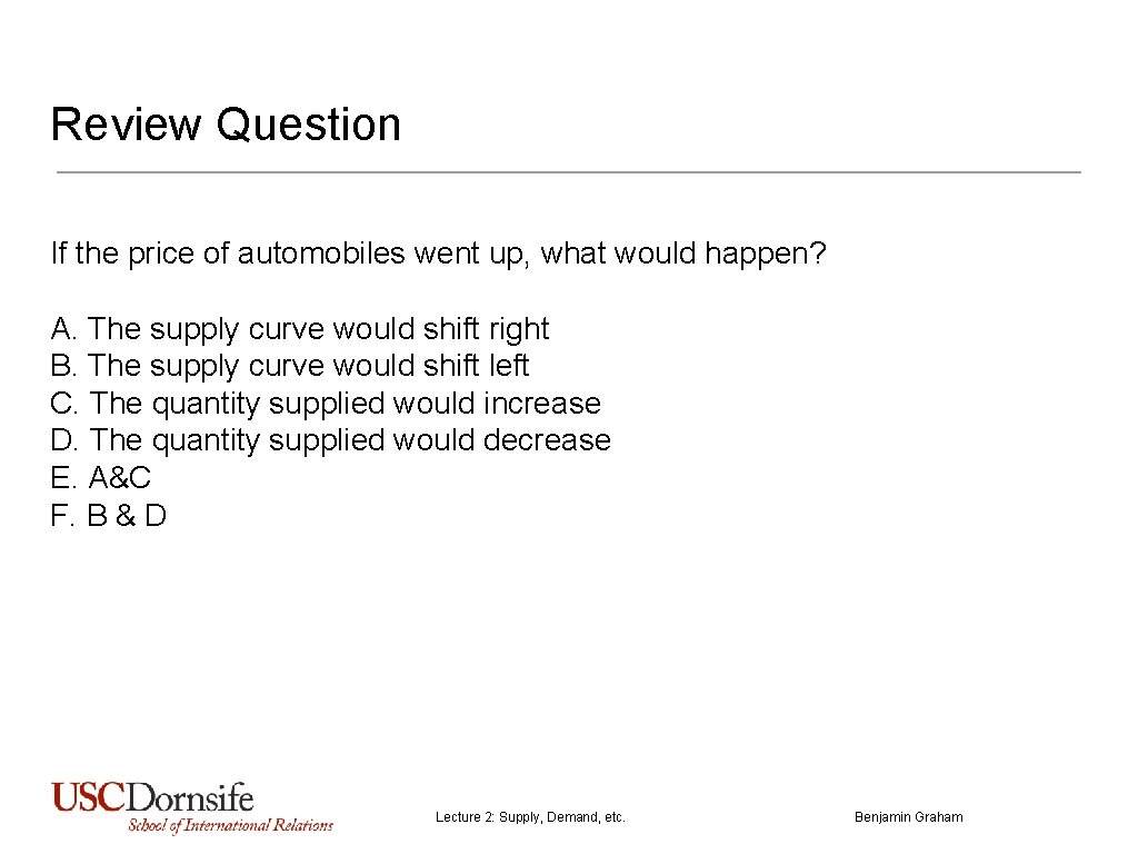 Review Question If the price of automobiles went up, what would happen? A. The