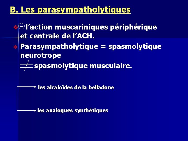 B. Les parasympatholytiques vv l’action muscariniques périphérique et centrale de l’ACH. Parasympatholytique = spasmolytique