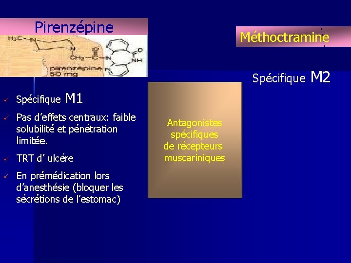 Pirenzépine Méthoctramine Spécifique M 1 ü Spécifique ü Pas d’effets centraux: faible solubilité et