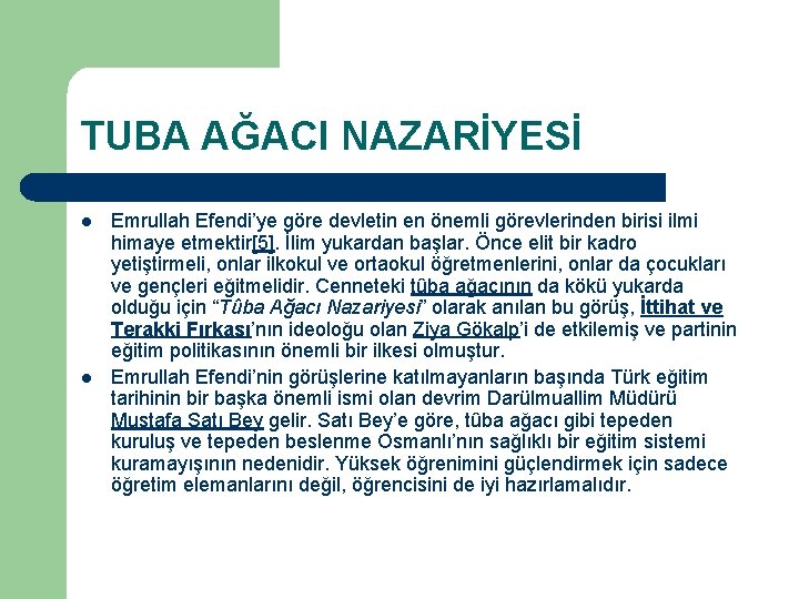 TUBA AĞACI NAZARİYESİ l l Emrullah Efendi’ye göre devletin en önemli görevlerinden birisi ilmi