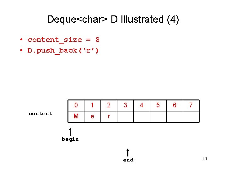 Deque<char> D Illustrated (4) • content_size = 8 • D. push_back(‘r’) content 0 1