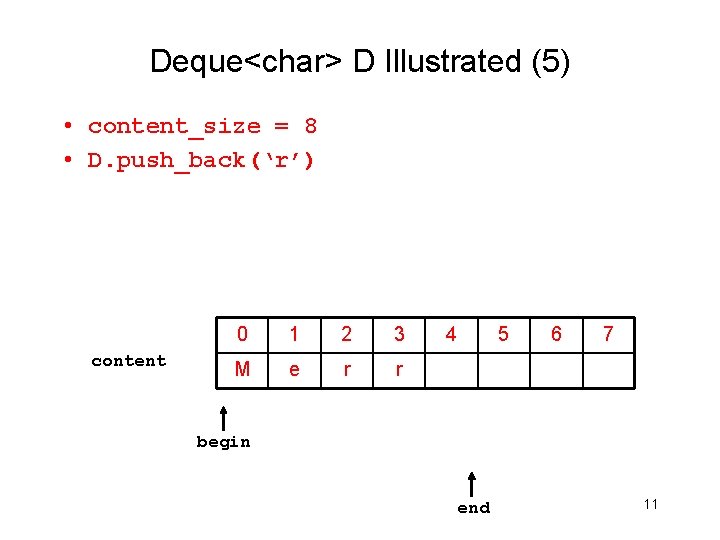 Deque<char> D Illustrated (5) • content_size = 8 • D. push_back(‘r’) content 0 1