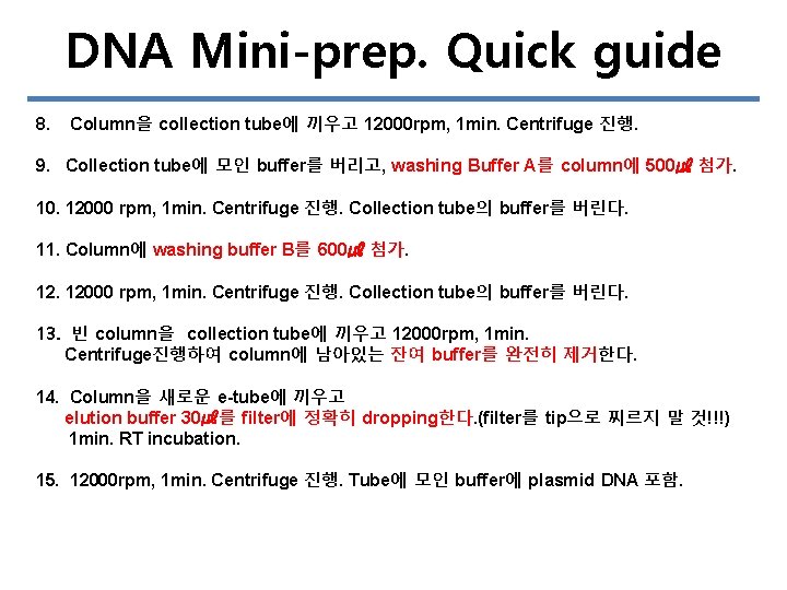 DNA Mini-prep. Quick guide 8. Column을 collection tube에 끼우고 12000 rpm, 1 min. Centrifuge