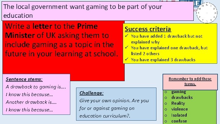 The local government want gaming to be part of your education Write a letter