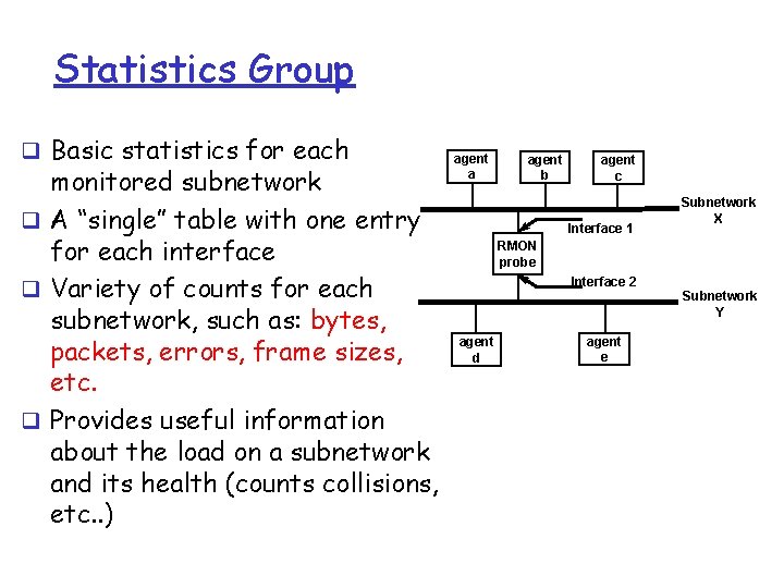 Statistics Group q Basic statistics for each monitored subnetwork q A “single” table with