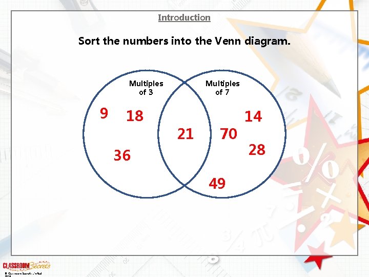 Introduction Sort the numbers into the Venn diagram. Multiples of 3 9 18 Multiples Introduction Sort the numbers into the Venn diagram. Multiples of 3 9 18 Multiples