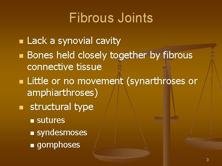 Fibrous Joints n n Lack a synovial cavity Bones held closely together by fibrous