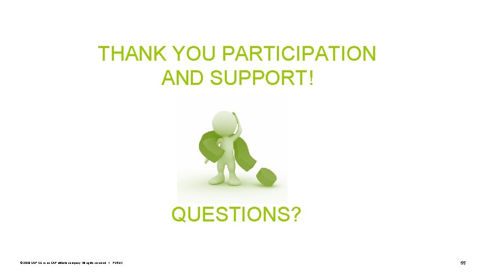 THANK YOU PARTICIPATION AND SUPPORT! QUESTIONS? © 2019 SAP SE or an SAP affiliate