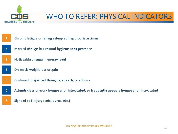 WHO TO REFER: PHYSICAL INDICATORS 1 Chronic fatigue or falling asleep at inappropriate times