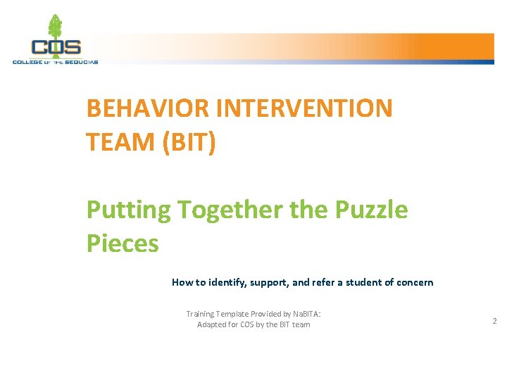 BEHAVIOR INTERVENTION TEAM (BIT) Putting Together the Puzzle Pieces How to identify, support, and