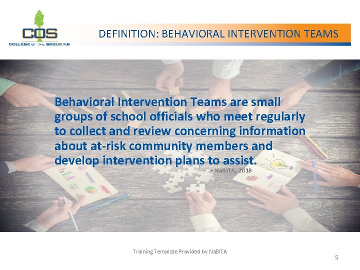 DEFINITION: BEHAVIORAL INTERVENTION TEAMS Behavioral Intervention Teams are small groups of school officials who