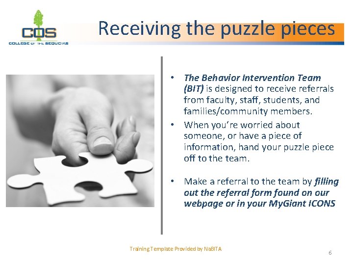 Receiving the puzzle pieces • The Behavior Intervention Team (BIT) is designed to receive