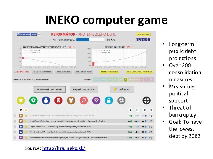 INEKO computer game • Long-term public debt projections • Over 200 consolidation measures •