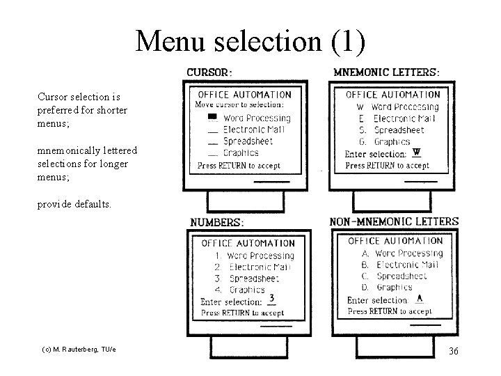 Menu selection (1) Cursor selection is preferred for shorter menus; mnemonically lettered selections for