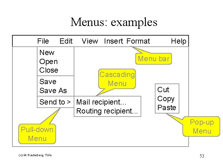 Menus: examples File Edit New Open Close Save As View Insert Format Menu bar