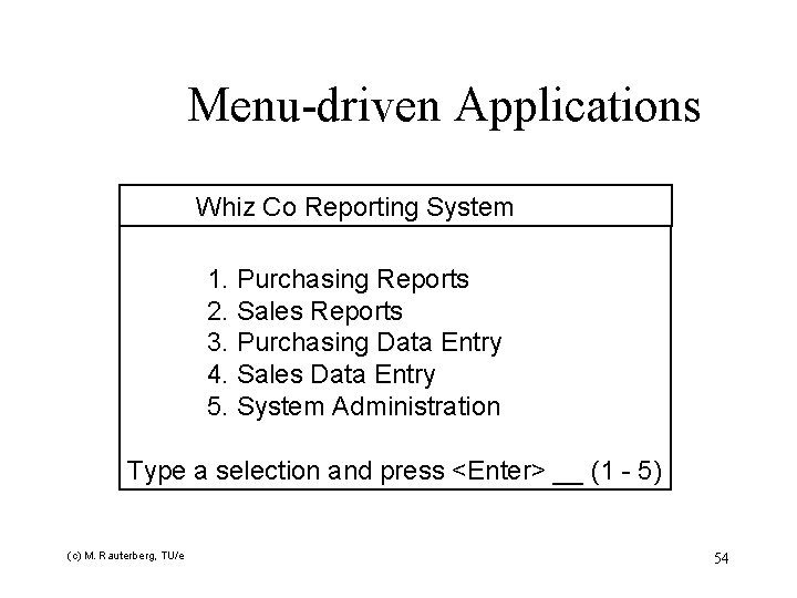 Menu-driven Applications Whiz Co Reporting System 1. Purchasing Reports 2. Sales Reports 3. Purchasing