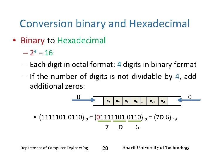 Number Systems – Lecture 2 Conversion binary and Hexadecimal • Binary to Hexadecimal –