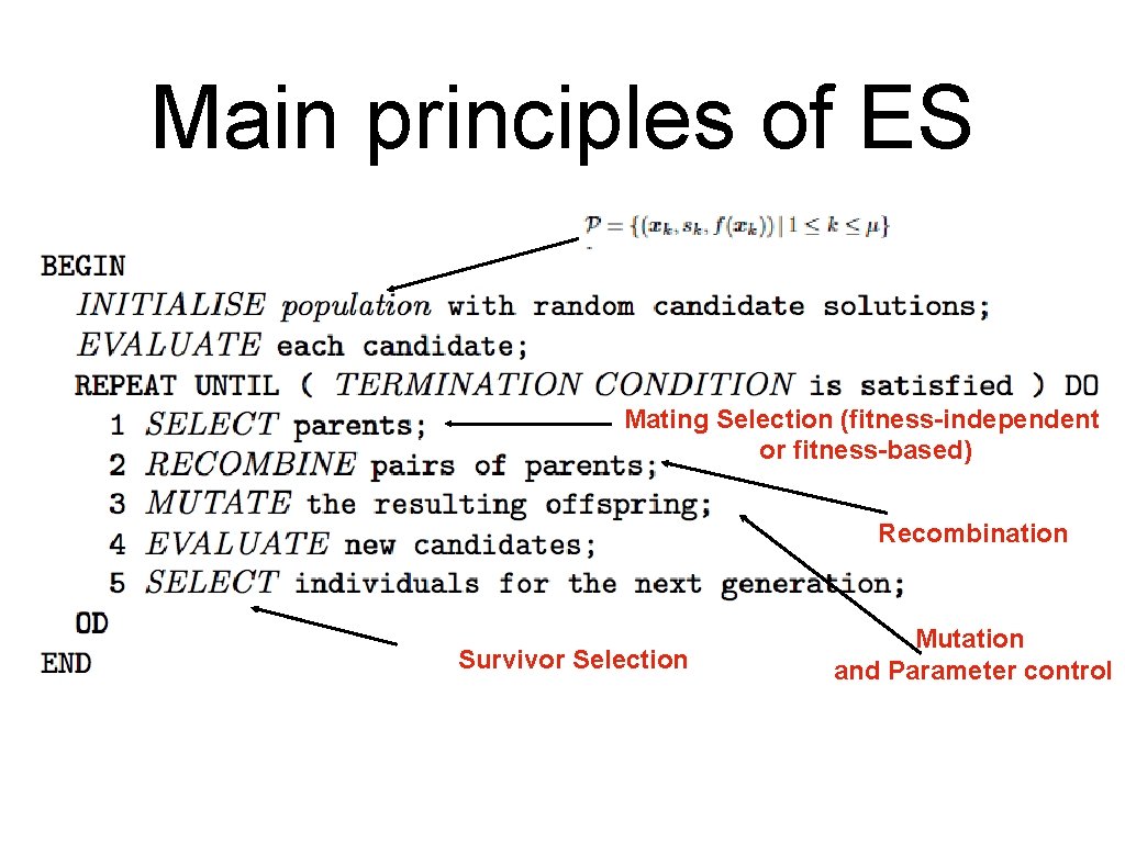 Main principles of ES Mating Selection (fitness-independent or fitness-based) Recombination Survivor Selection Mutation and Main principles of ES Mating Selection (fitness-independent or fitness-based) Recombination Survivor Selection Mutation and