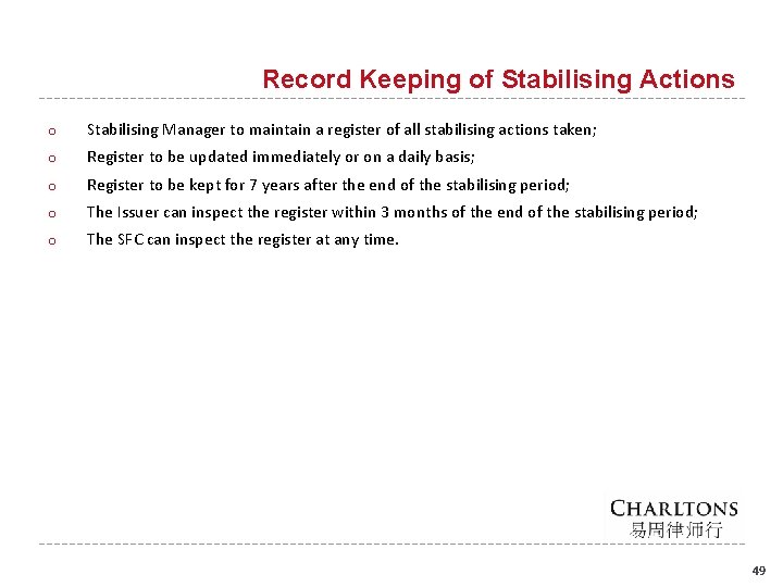 Record Keeping of Stabilising Actions o Stabilising Manager to maintain a register of all