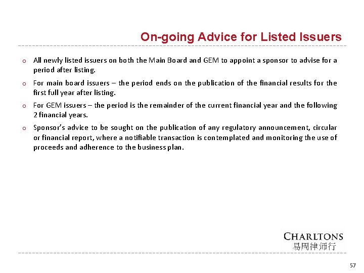 On-going Advice for Listed Issuers o All newly listed issuers on both the Main