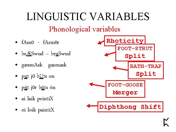 LINGUISTIC VARIABLES Phonological variables • • f. Am 0 - f. Arm 0 r