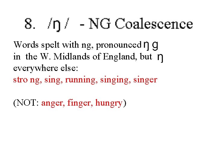 Words spelt with ng, pronounced in the W. Midlands of England, but everywhere else: