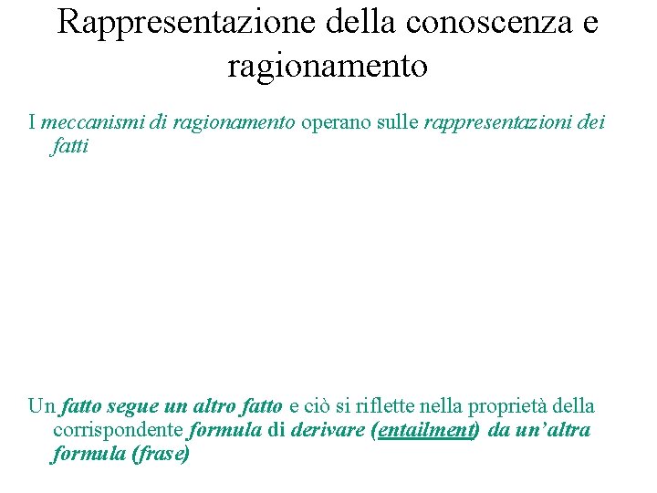 Rappresentazione della conoscenza e ragionamento I meccanismi di ragionamento operano sulle rappresentazioni dei fatti