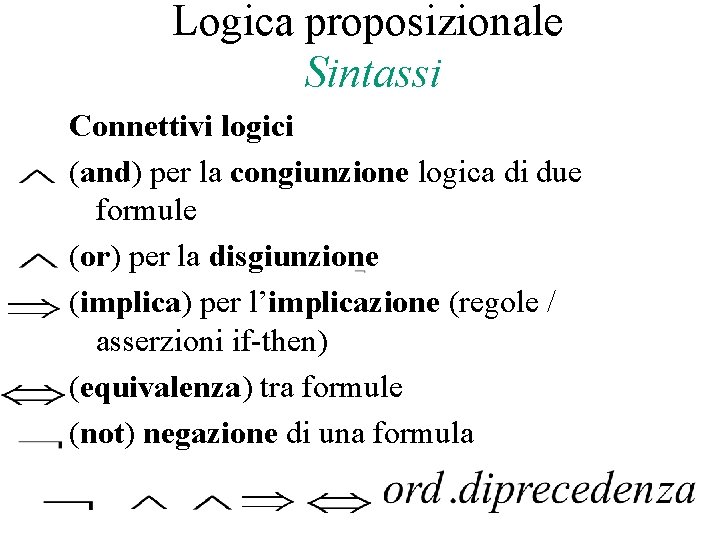 Logica proposizionale Sintassi Connettivi logici (and) per la congiunzione logica di due formule (or)