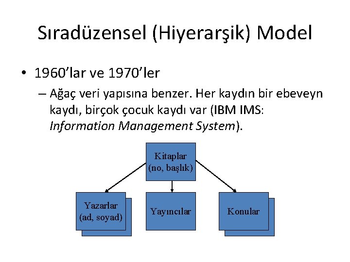 Sıradüzensel (Hiyerarşik) Model • 1960’lar ve 1970’ler – Ağaç veri yapısına benzer. Her kaydın