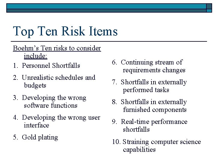 Top Ten Risk Items Boehm’s Ten risks to consider include: 1. Personnel Shortfalls 2.