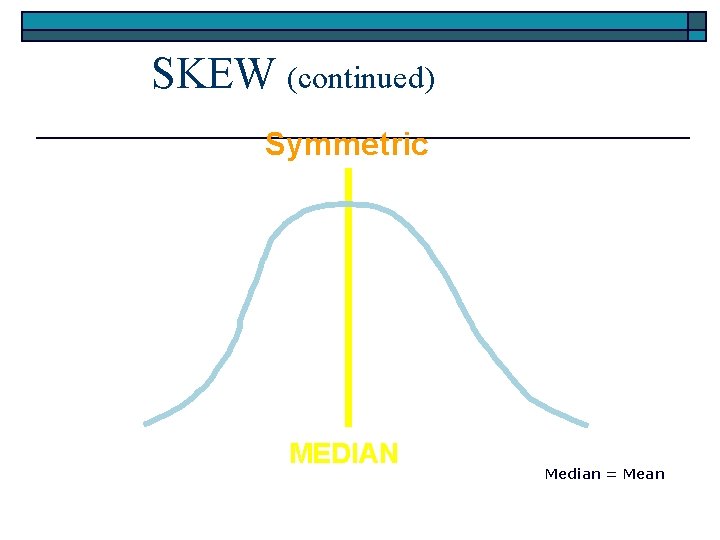 SKEW (continued) Symmetric MEDIAN MEAN Median = Mean 