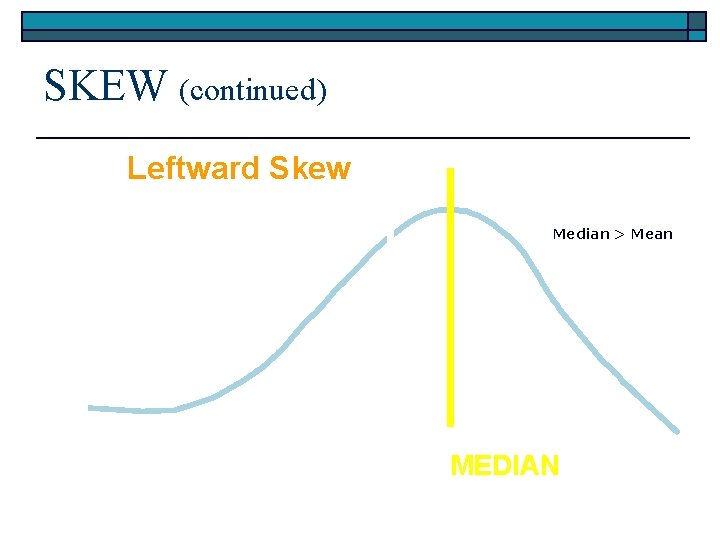 SKEW (continued) Leftward Skew Median > Mean MEAN MEDIAN 