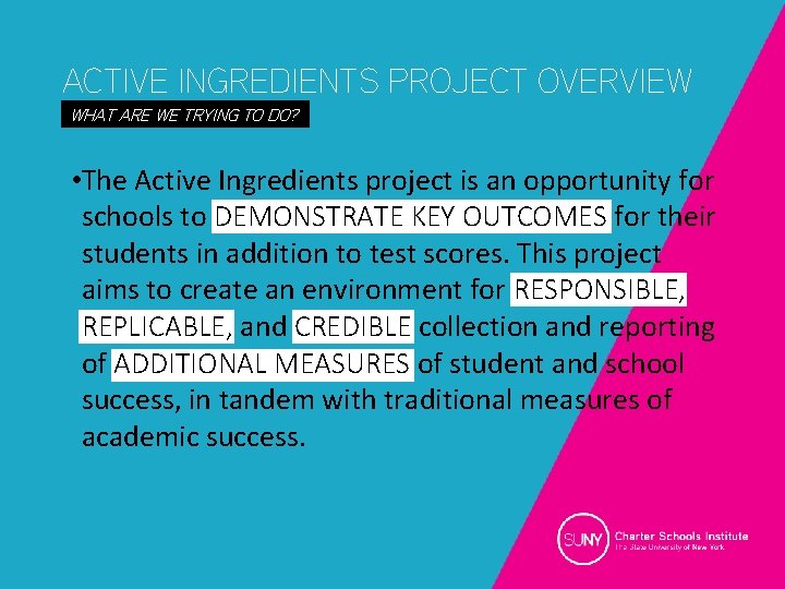 ACTIVE INGREDIENTS PROJECT OVERVIEW WHAT ARE WE TRYING TO DO? • The Active Ingredients