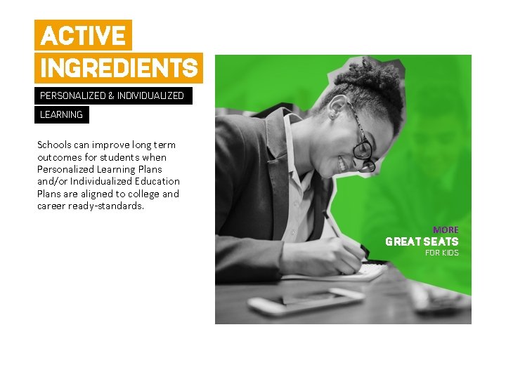 ACTIVE INGREDIENTS PERSONALIZED & INDIVIDUALIZED LEARNING Schools can improve long term outcomes for students