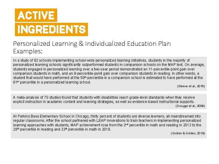 ACTIVE INGREDIENTS Personalized Learning & Individualized Education Plan Examples: In a study of 62