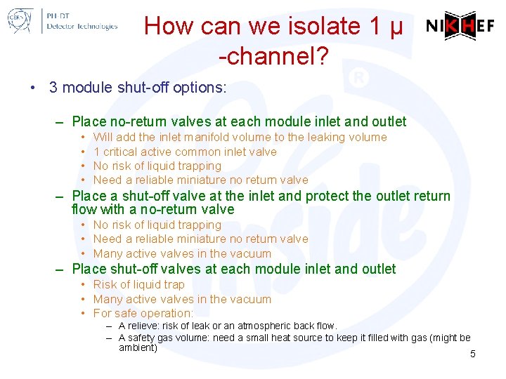 How can we isolate 1 μ -channel? • 3 module shut-off options: – Place