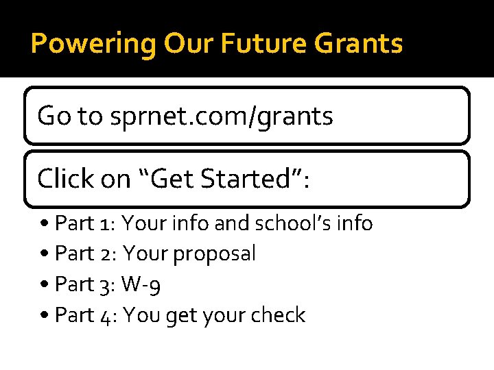 Powering Our Future Grants Go to sprnet. com/grants Click on “Get Started”: • Part