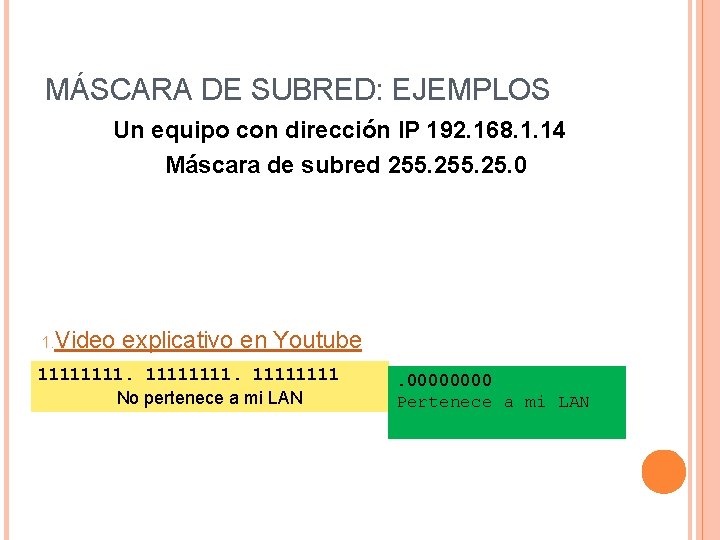 MÁSCARA DE SUBRED: EJEMPLOS Un equipo con dirección IP 192. 168. 1. 14 Máscara