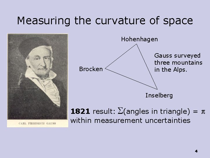 Measuring the curvature of space Hohenhagen Brocken Gauss surveyed three mountains in the Alps.